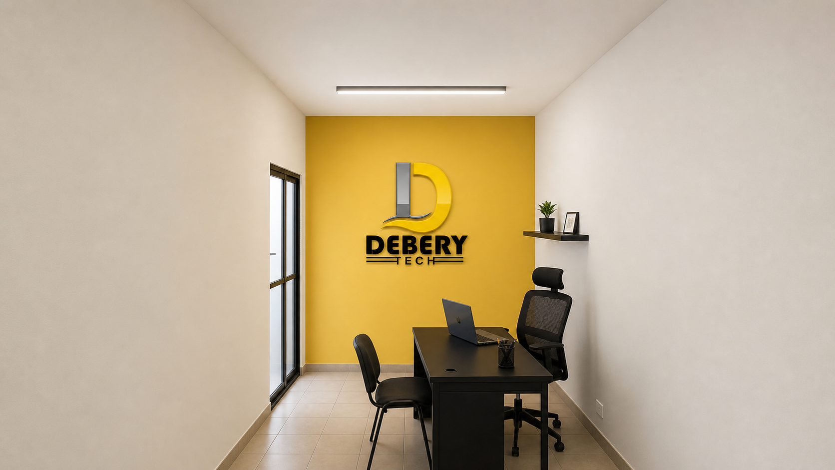 Illustration conceptuelle générée par IA d’un espace de travail Debery Tech aux couleurs jaune et noir